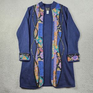 Vintage Koos of Course Cardigan Sweater Medium Blue Silk Wool Blend Art Abstract
